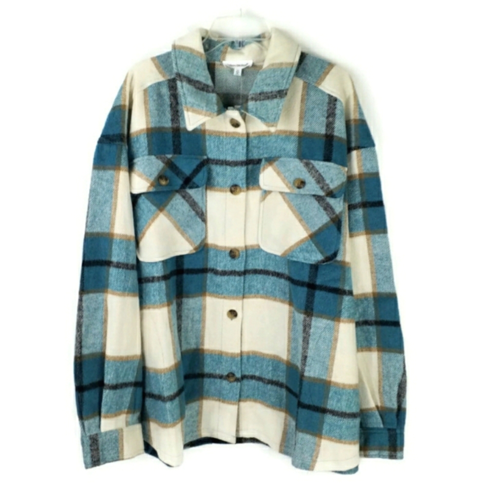 Urban Diction Blue Plaid Button Front Long Sleeve Shacket Jacket Coat Womens 2X